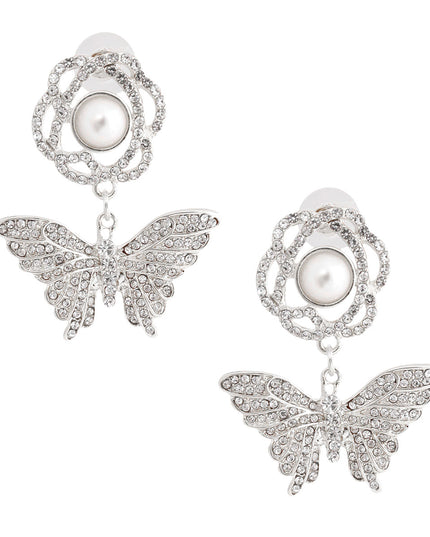 Silver Rose Butterfly Rhinestone Earrings