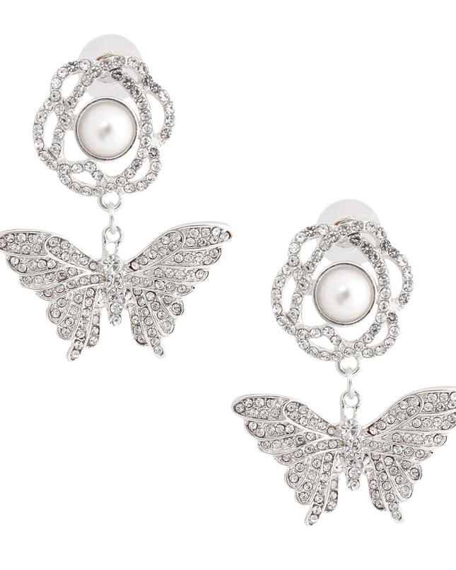 Silver Rose Butterfly Rhinestone Earrings