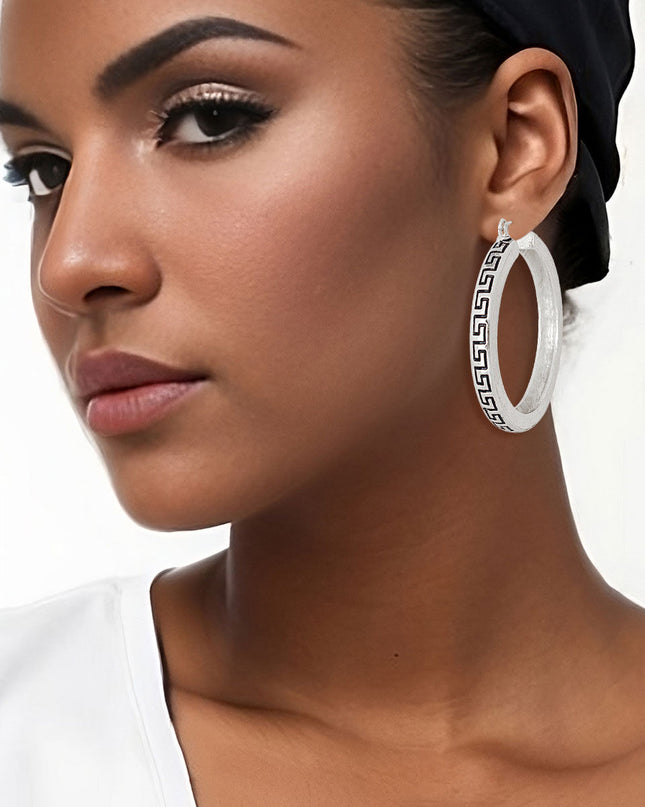 Silver Greek Key Latch Back Hoops