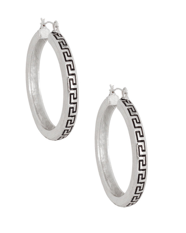 Silver Greek Key Latch Back Hoops