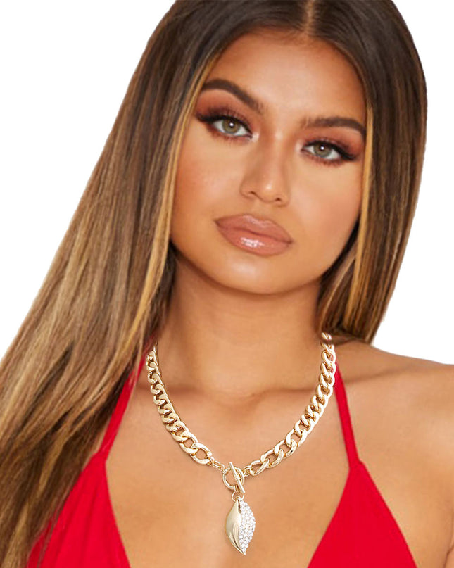 Gold Curved Oval Pave Charm Necklace