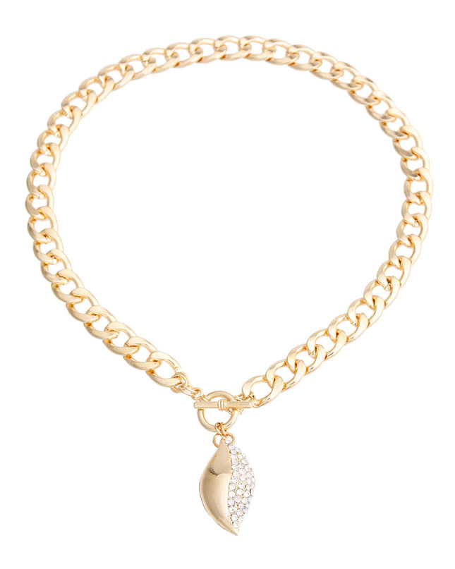 Gold Curved Oval Pave Charm Necklace