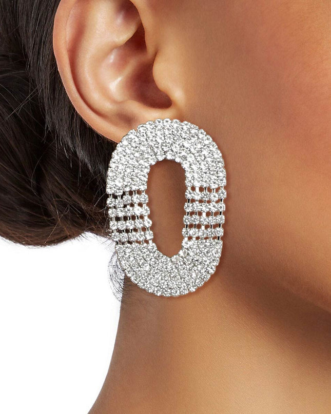 Silver Rhinestone 5 Line Oval Earrings