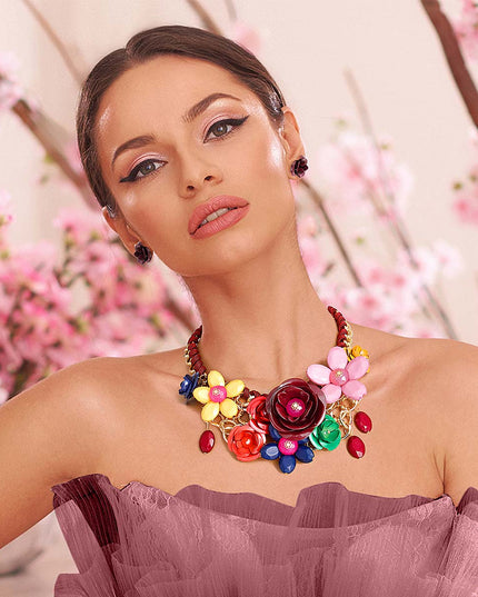 Maroon Rose Collar Necklace Set