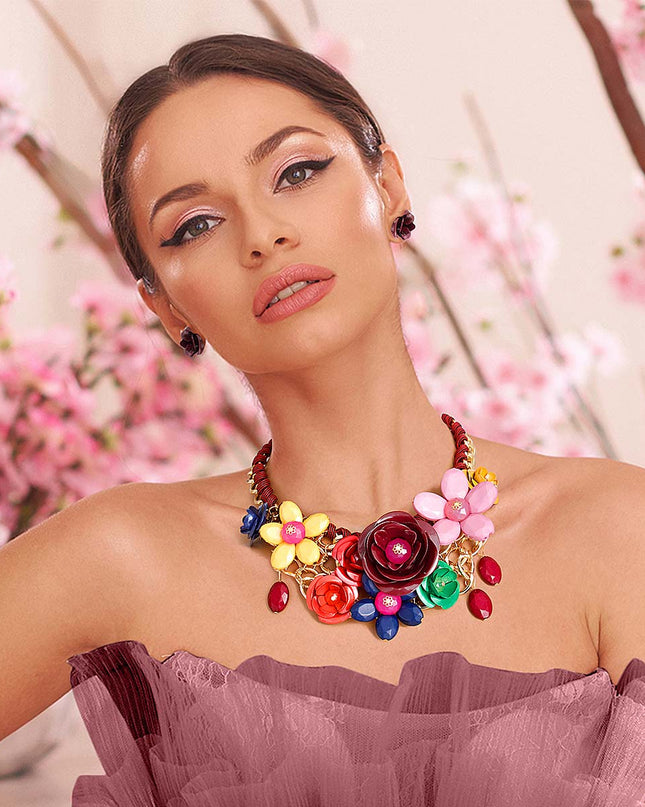 Maroon Rose Collar Necklace Set