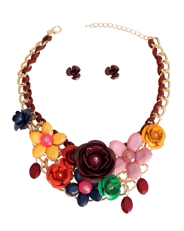 Maroon Rose Collar Necklace Set