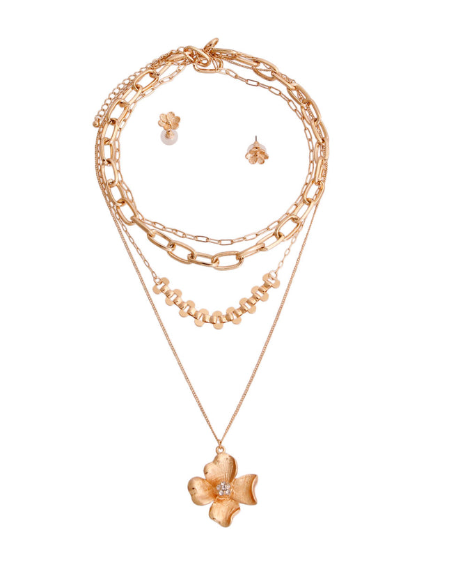 Gold Layered Chain Flower Necklace
