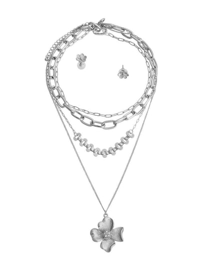 Silver Layered Chain Flower Necklace