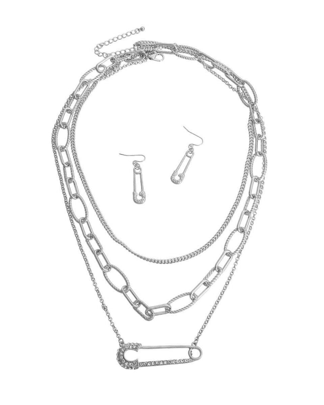 Long Layered Silver Chain Pin Necklace