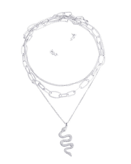 Silver Textured Chain Iced Snake Necklace