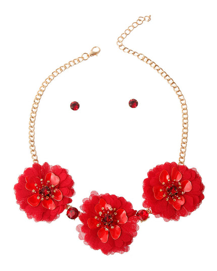 Wine Fabric Flower Necklace Set