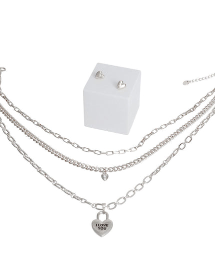 Silver 3 Layer Chain Locked Heart Necklace