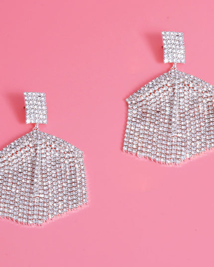 Silver Hexagon Rhinestone Fringe Earrings