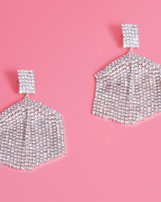 Silver Hexagon Rhinestone Fringe Earrings