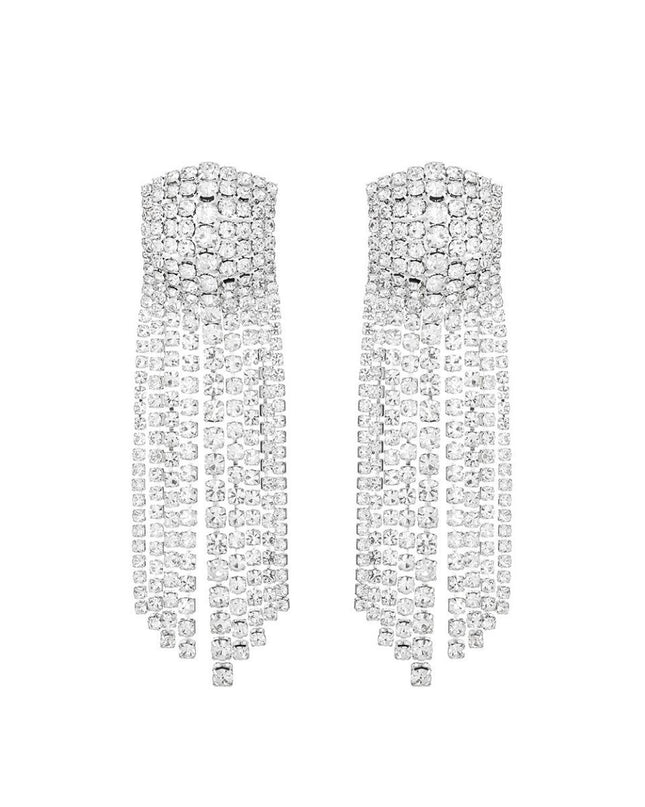 Silver Rectangle Iced Fringe Earrings