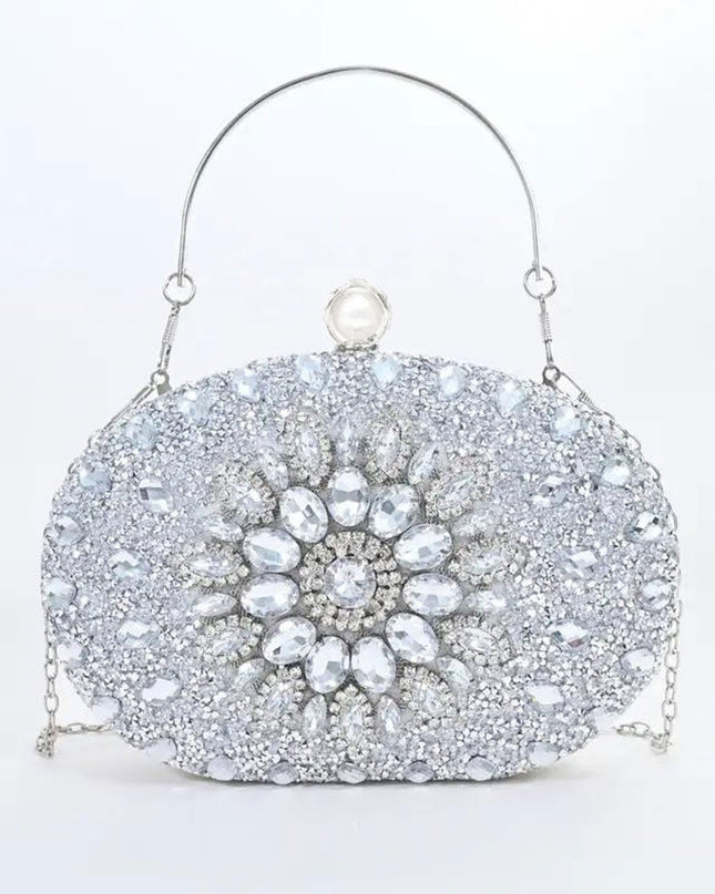 Clutch Silver Crystal Pearl Hard Case for Women