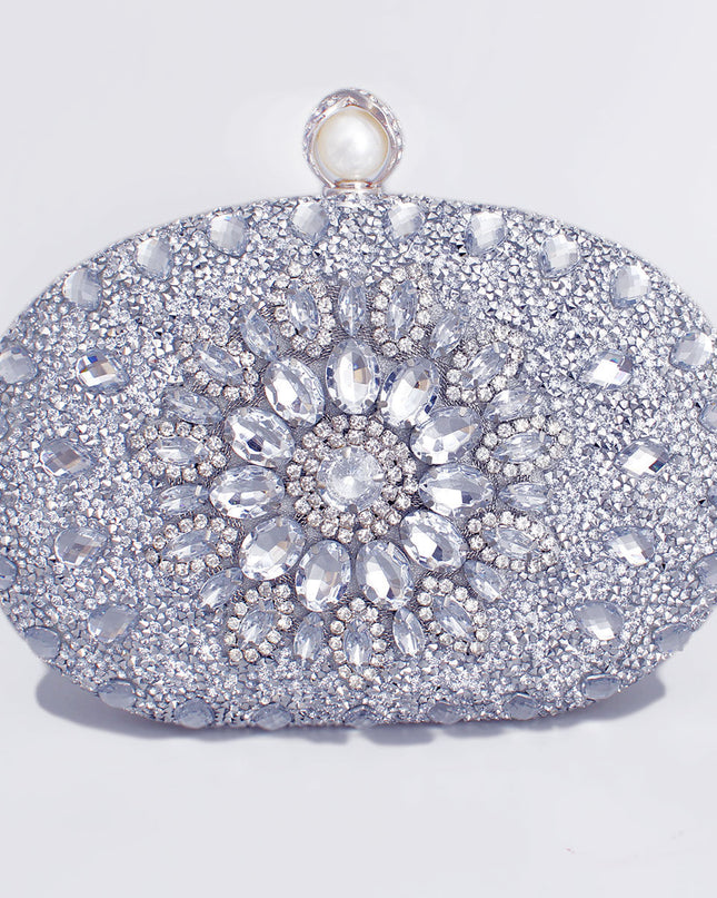 Clutch Silver Crystal Pearl Hard Case for Women