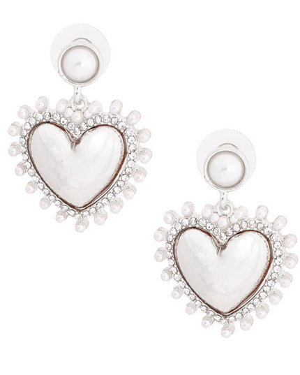 White Pearl and Silver Heart Earrings