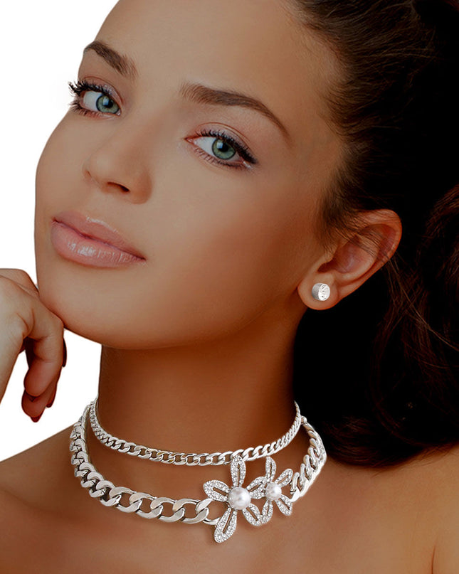 Silver Heavyweight Chain Flower Choker Set