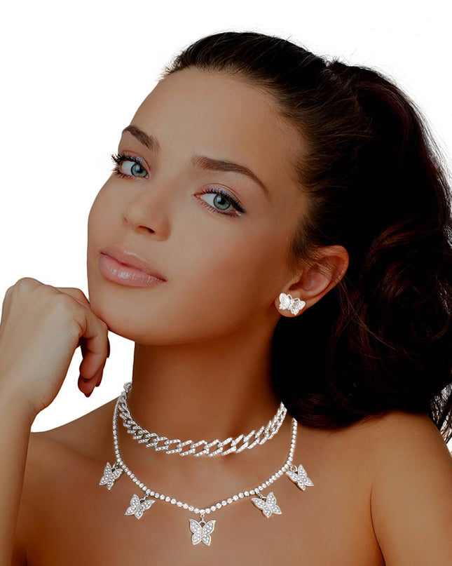 Silver Rhinestone Butterfly Charm Chain 2Pc Set