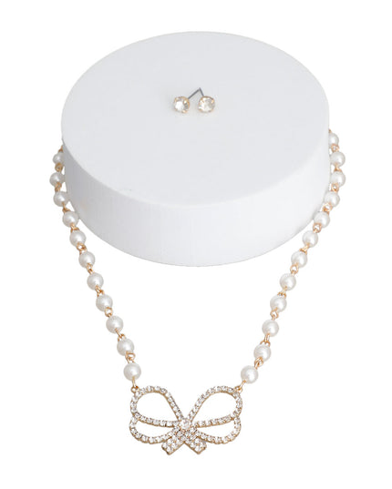 Cream Pearl Rhinestone Bow Necklace